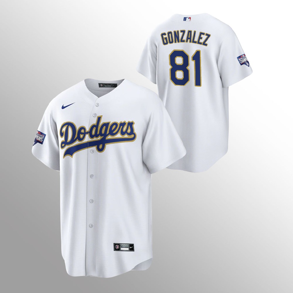 Men's Los Angeles Dodgers #81 Victor Gonzalez White MLB Champions Patch Gold Program Cool Base Sttiched Jersey Men's Los Angeles Dodgers #81 Victor Gonzalez White MLB Champions Patch Gold Program Cool Base Sttiched Jersey